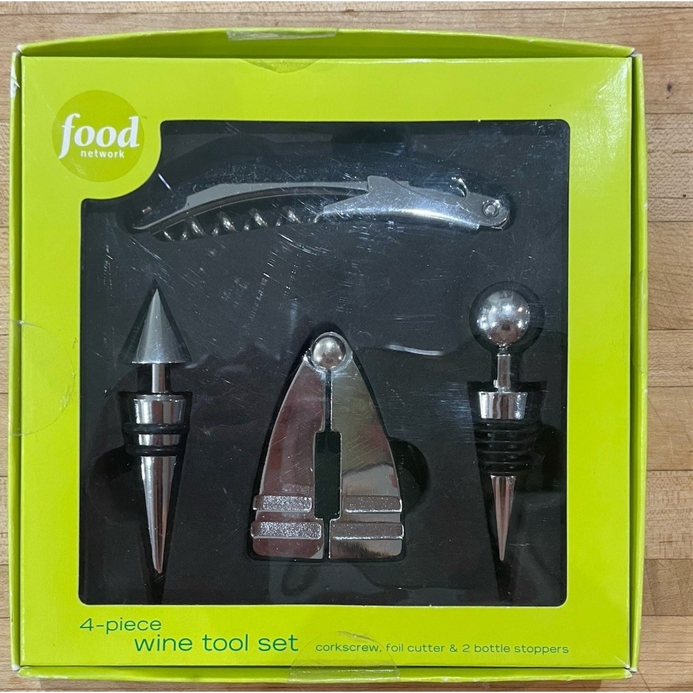 Food Network 4 Piece Classic Wine Opener Tool Kit, Foil Cutter, Extra Spiral-New